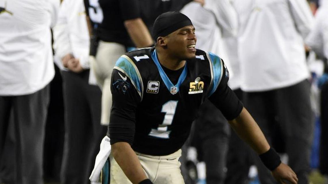Carolina Panthers quarterback Cam Newton (1) reacts after a pass interference penalty is called on the team’s defense while playing the Denver Broncos in the fourth quarter of Super Bowl 50. The Denver Broncos won, 24-10, at Levi’s Stadium in Santa Clara, CA on Sunday, February 7, 2016.