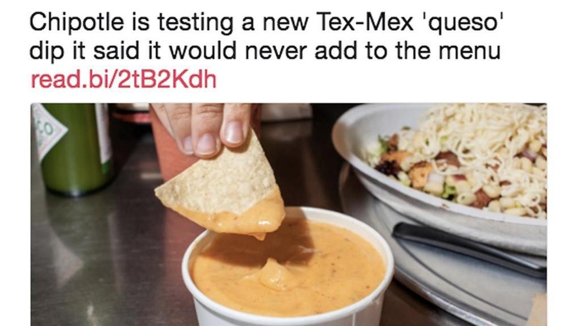 Chipotle, which has refused to serve cheese dip on its menu, has changed its tune and is now test marketing a new queso dip in New York City. Fans can’t wait to taste it.