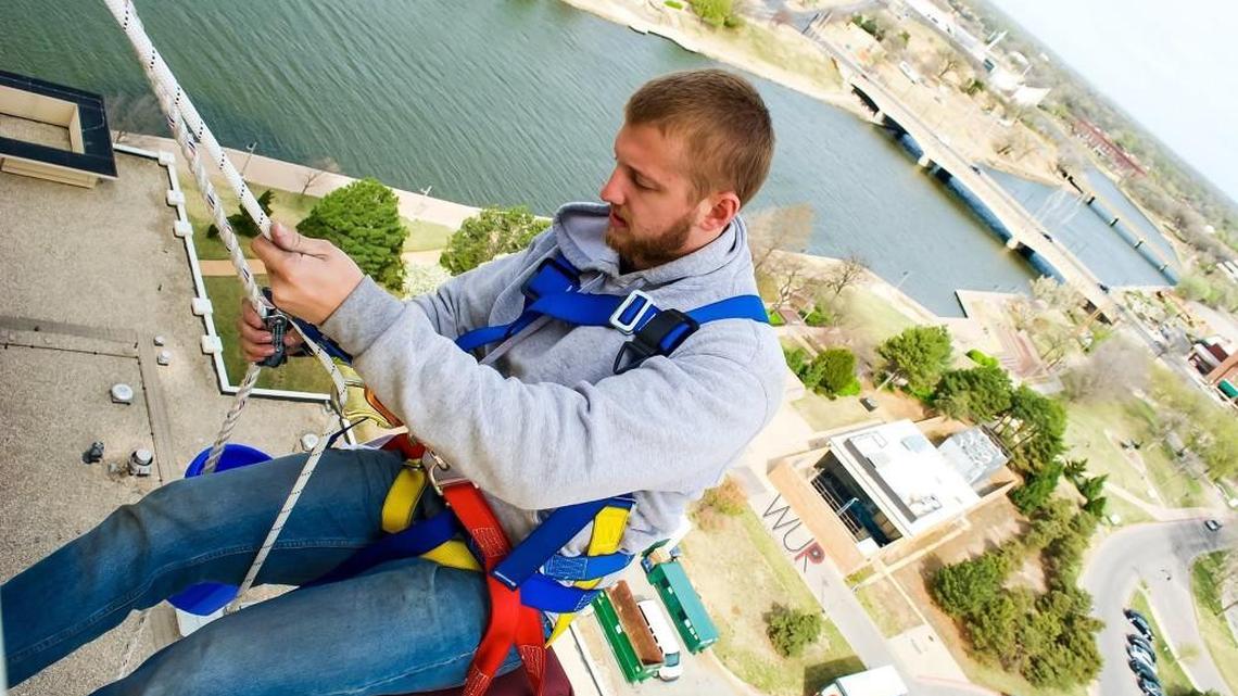 Tyler Engle, owner of Wichita Window Cleaning, recently added high-rise clients. “It’s recommended you have training, but I did rock climbing for years,” he said.