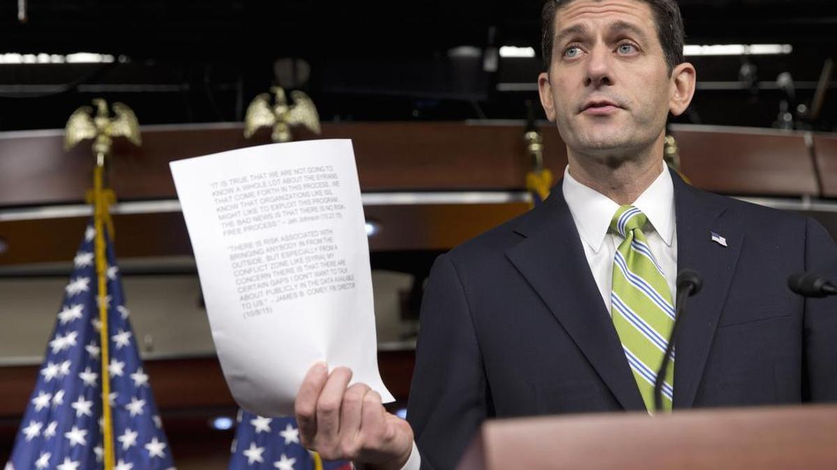 House Speaker Paul Ryan of Wisconsin quotes testimony from Homeland Security Secretary Jeh Johnson and FBI Director James Comey, during a news briefing on Capitol Hill in Washington, Thursday, Nov. 19, 2015, where he spoke about refugees, Syria, and immigration.