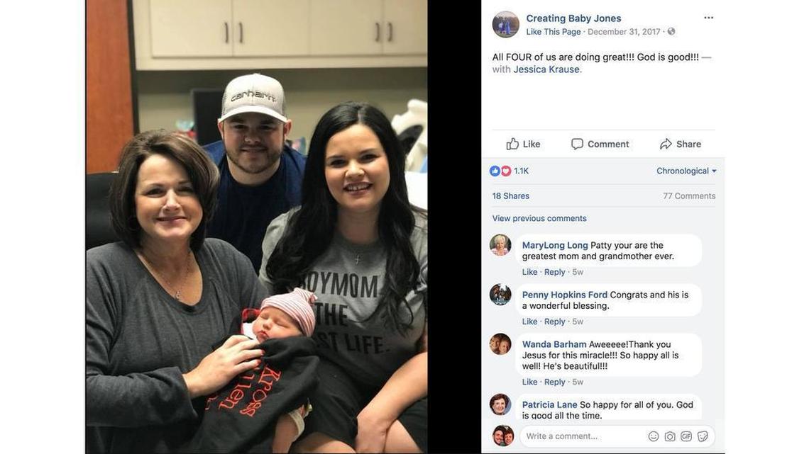Kayla Jones poses with her baby, husband and mother-in-law, who carried her child.
