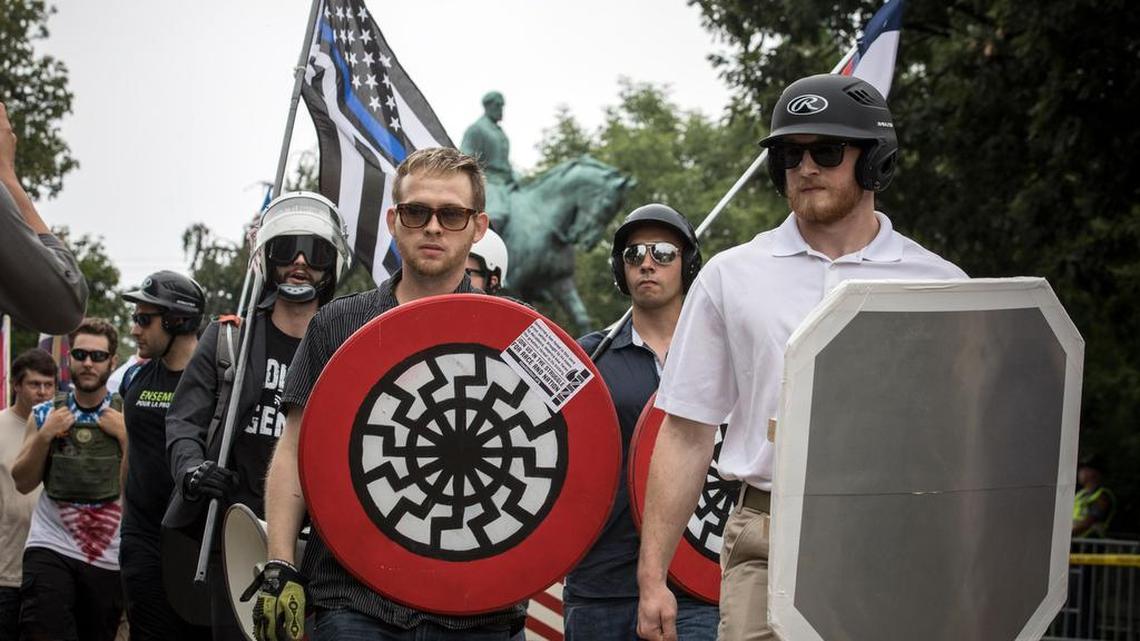 White nationalists march at a rally at Emancipation Park in Charlottesville.