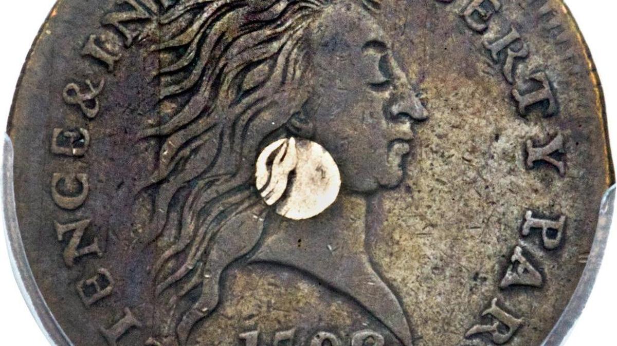 The obverse, front, of a 1792 "Silver Center Cent." The one-cent coin is one of two rare 1792-dated coins made during the early days of the United States Mint. The rare coins are anticipated to sell for nearly a million dollars at the World's Fair of Money in Anaheim, Calif., during a public auction conducted by Heritage Auctions on Wednesday, Aug. 10, 2016.