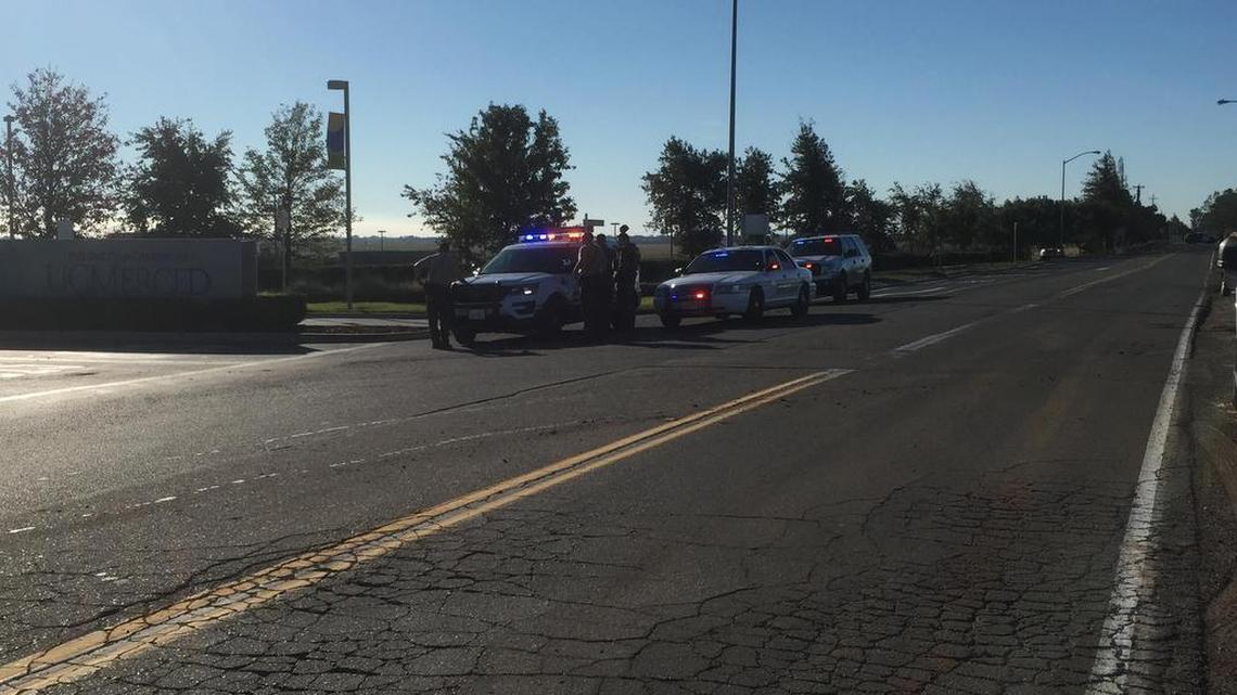 Authorities investigate a stabbing on the campus of UC Merced Wednesday.