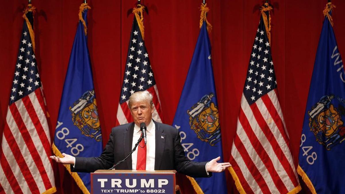Republican presidential candidate Donald Trump speaks during a campaign event at St. Norbert College in De Pere, Wis., Wednesday, March 30, 2016.
