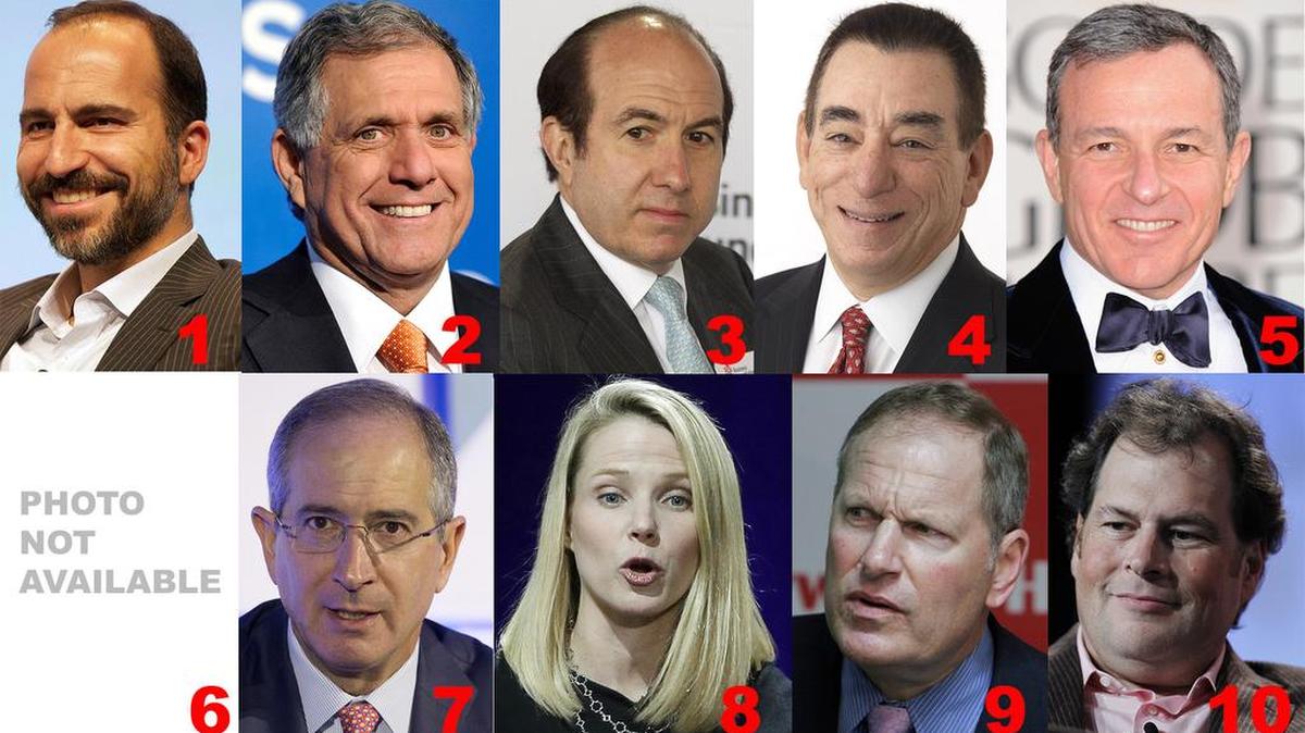 The top 10 highest-paid CEOs in 2015. Top row, from left: Dara Khosrowshahi, Expedia; Leslie Moonves, CBS; Philippe Dauman, Viacom; Leonard Schleifer, Regeneron Pharmaceuticals; and Robert Iger, Walt Disney. Bottom row, from left: Sandeep Mathrani (photo not available), General Growth Properties; Brian Roberts, Comcast; Marissa Mayer, Yahoo; David Cote, Honeywell International; and Marc Benioff, Salesforce.com.