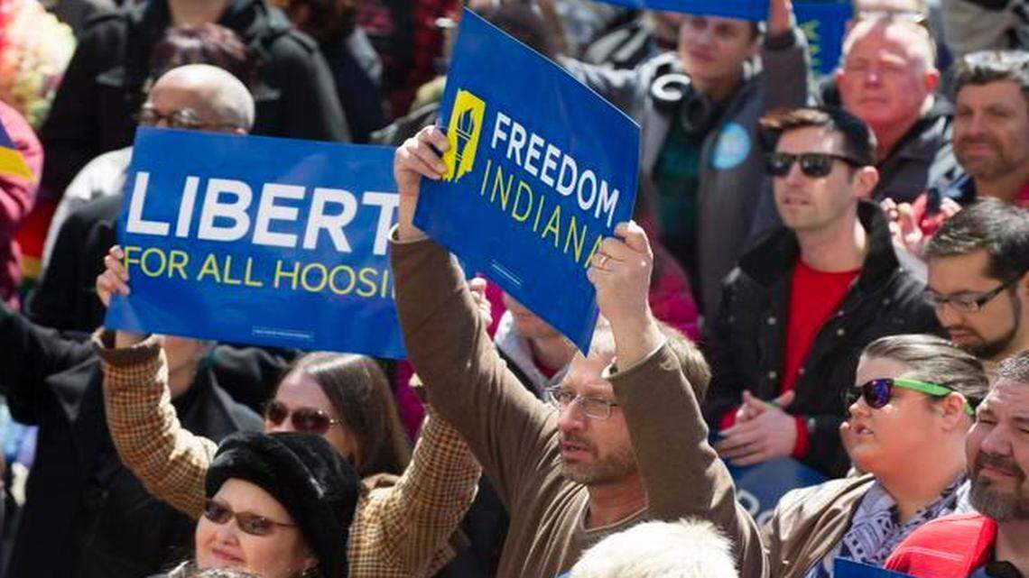 
Thousands of opponents of Indiana Senate Bill 101, the Religious Freedom Restoration Act, rally Saturday, March 28, 2015. By Monday, there were signs that the firestorm that greeted Indiana’s recently enacted law could spread to North Carolina if the predominantly Republican state legislature goes ahead with a similar measure.
