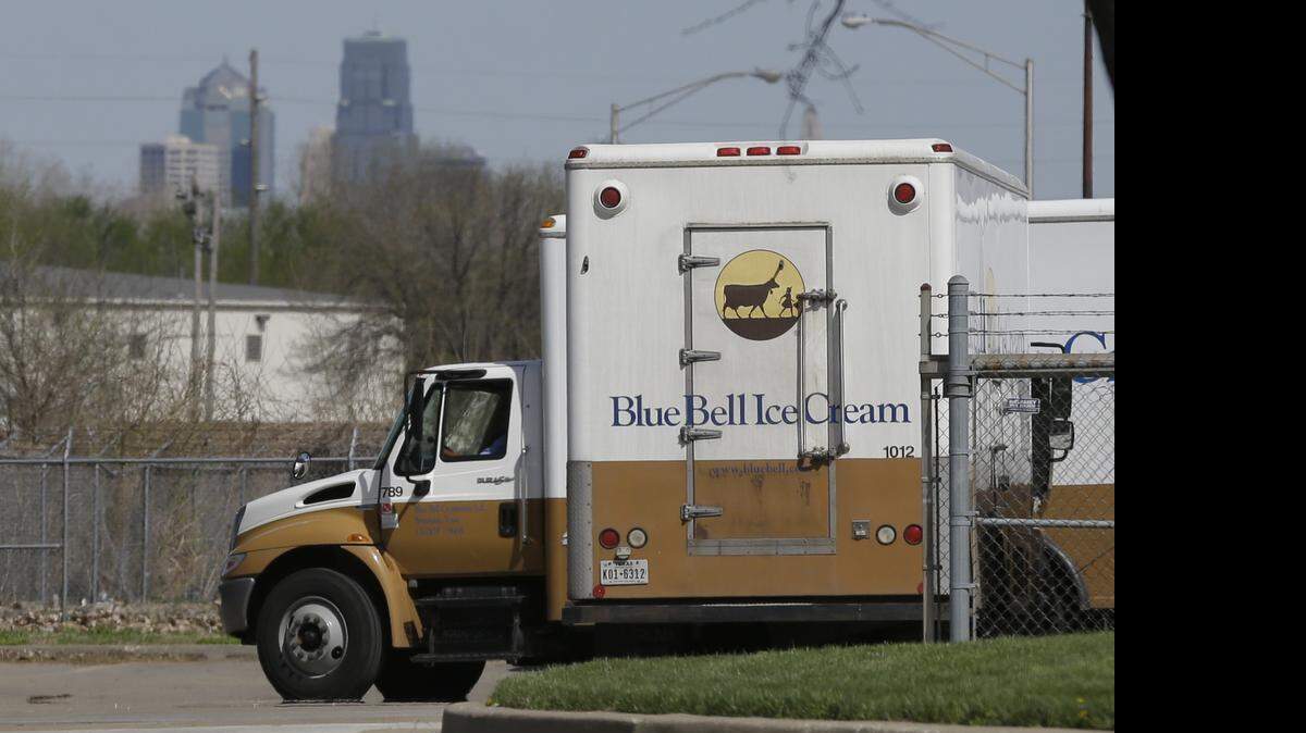 
Blue Bell delivery trucks are parked at the creamery's location in Kansas City, Kan., April 10, 2015. 
