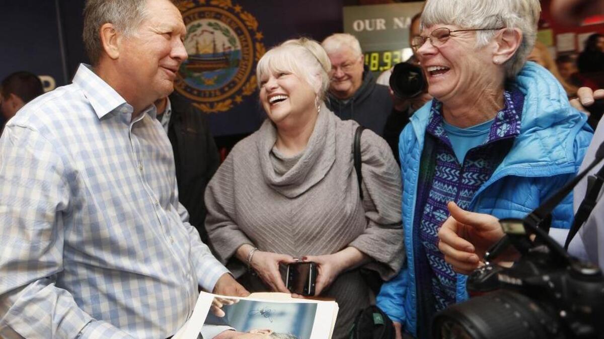 Republican presidential candidate, Ohio Gov. John Kasich speaks to voters during a campaign stop at a music club tavern called the Stone Church Monday in Newmarket, N.H.