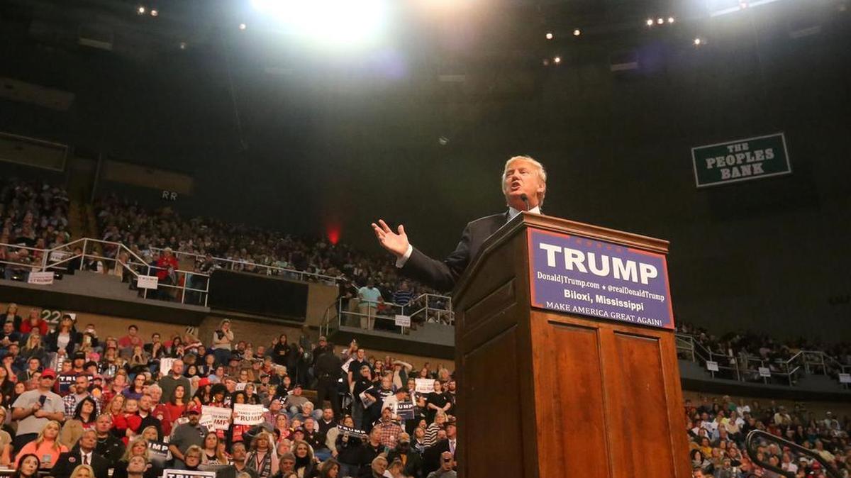 Republican presidential candidate Donald Trump speaks during a rally at the Mississippi Coast Coliseum in Biloxi, Miss., on Saturday, Jan. 2, 2016. He vowed he’d “unsign” the president’s planned gun control executive order.