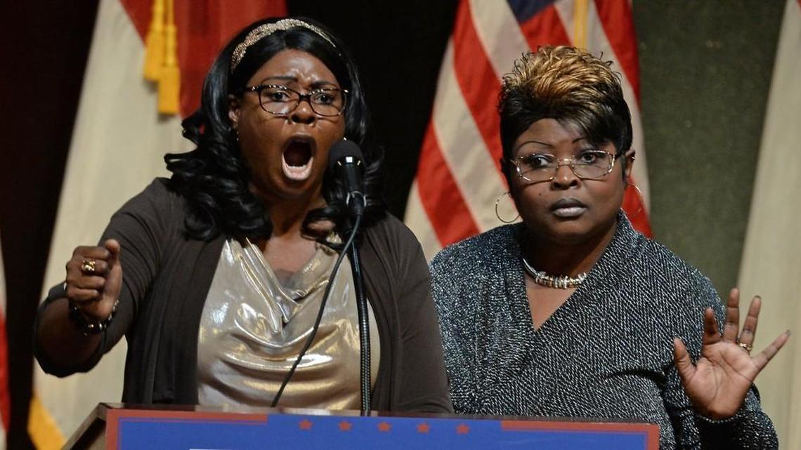 Diamond and Silk stir up the crowd prior to presumptive Republican presidential candidate Donald Trump speaking at the Duke Energy Center for the Performing Arts in Raleigh, N.C. Tuesday, July 5, 2016.