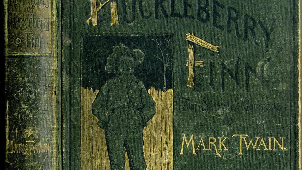 A first-edition, third-state cover of “The Adventures of Huckleberry Finn,” one of the most controversial books commonly taught in school curricula.