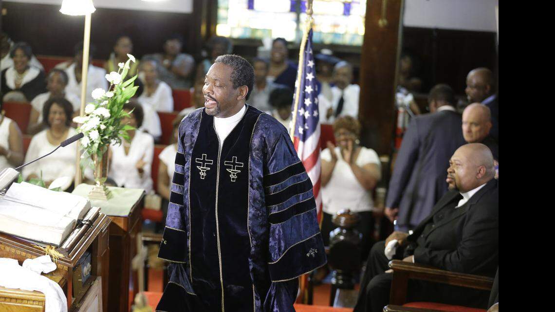 
The Rev. Norvel Goff speaks during a service at the Emanuel AME Church four days after a mass shooting that claimed the lives of its pastor and eight others on Sunday, June 21, 2015, in Charleston, S.C. 

