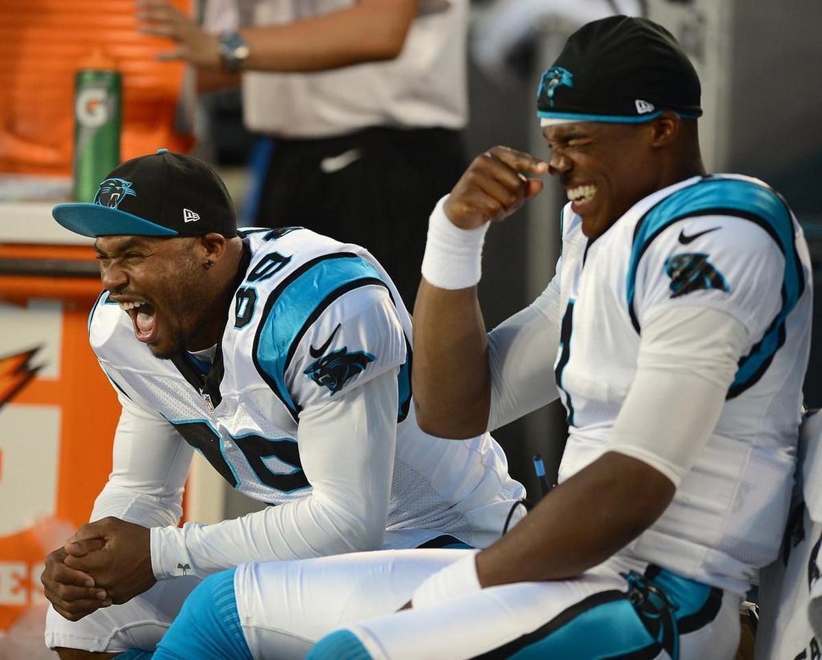 Carolina Panthers wide receiver Steve Smith, left, and quarterback Cam Newton share a laugh on the team’s bench during an August 2013 game against the Pittsburgh Steelers at Bank of America Stadium in Charlotte, N.C. The Panthers will face the Arizona Cardinals at home Sunday night; kickoff is at 6:40 p.m.