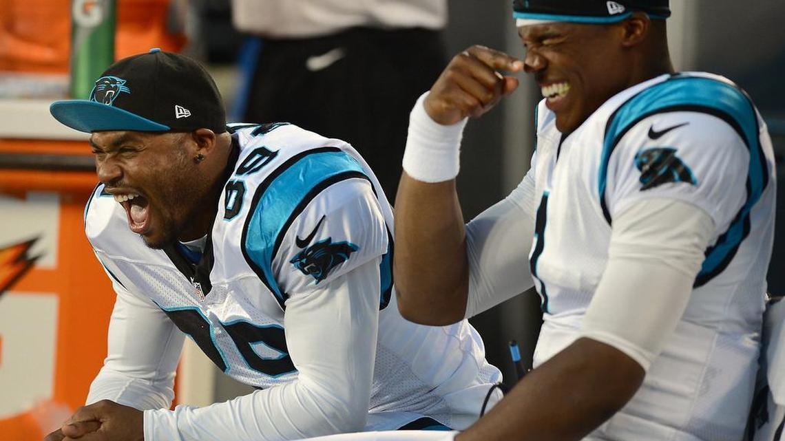 Carolina Panthers wide receiver Steve Smith, left, and quarterback Cam Newton share a laugh on the team’s bench during an August 2013 game against the Pittsburgh Steelers at Bank of America Stadium in Charlotte, N.C. The Panthers will face the Arizona Cardinals at home Sunday night; kickoff is at 6:40 p.m.