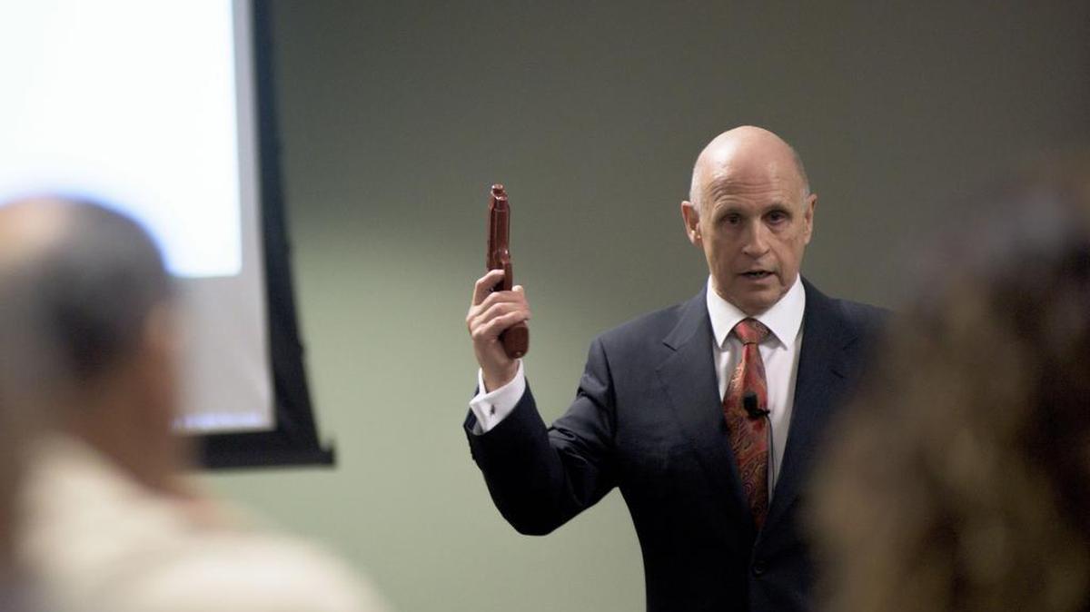 
William Lewinski, a psychologist who has studied police shootings, holds a training session at the Association for Los Angeles Deputy Sheriffs in Monterey Park, Calif., July 7, 2015. Lewinski, the founder of the Force Institute, a company that studies human behavior in high stress situations, defends police officers who have shot people under questionable circumstances.
