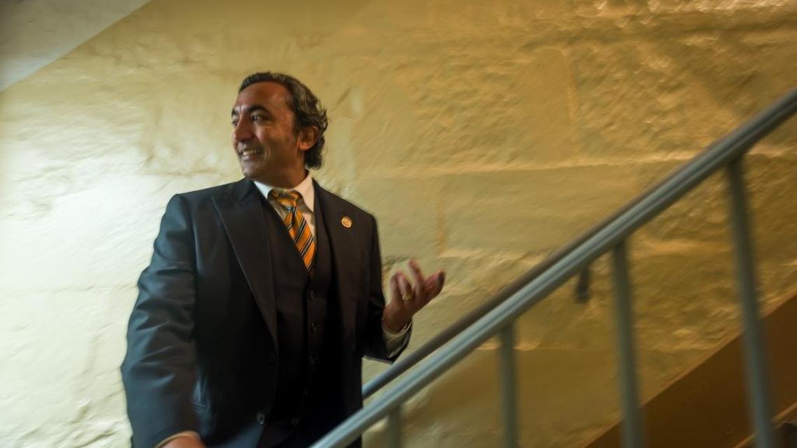 Rep. Ami Bera walks to a weekly Democratic luncheon at the U.S. Capitol in Washington.