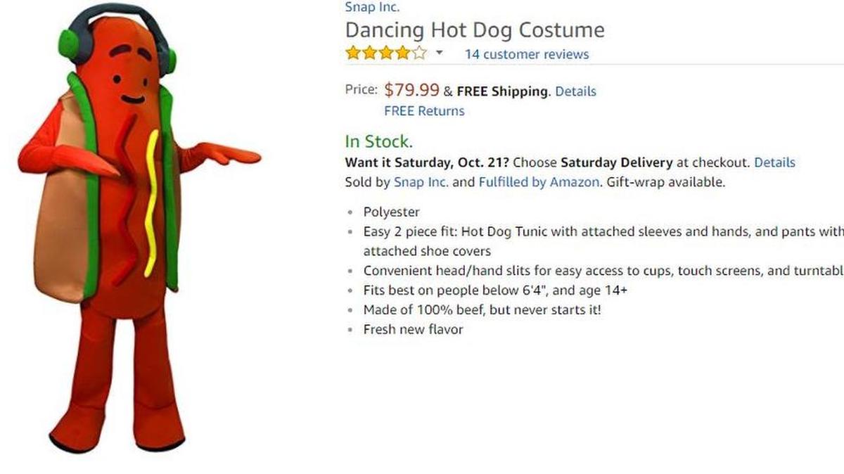 Go viral in this Dancing Hot Dog Halloween costume, which Snap, Inc. is selling for $80.