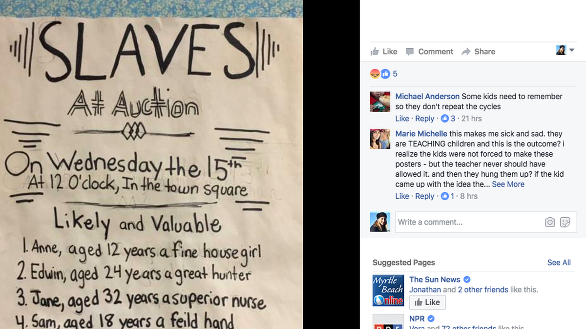 Jamil Karriem posted pictures of a few of the slave auction posters designed by elementary students to Facebook.