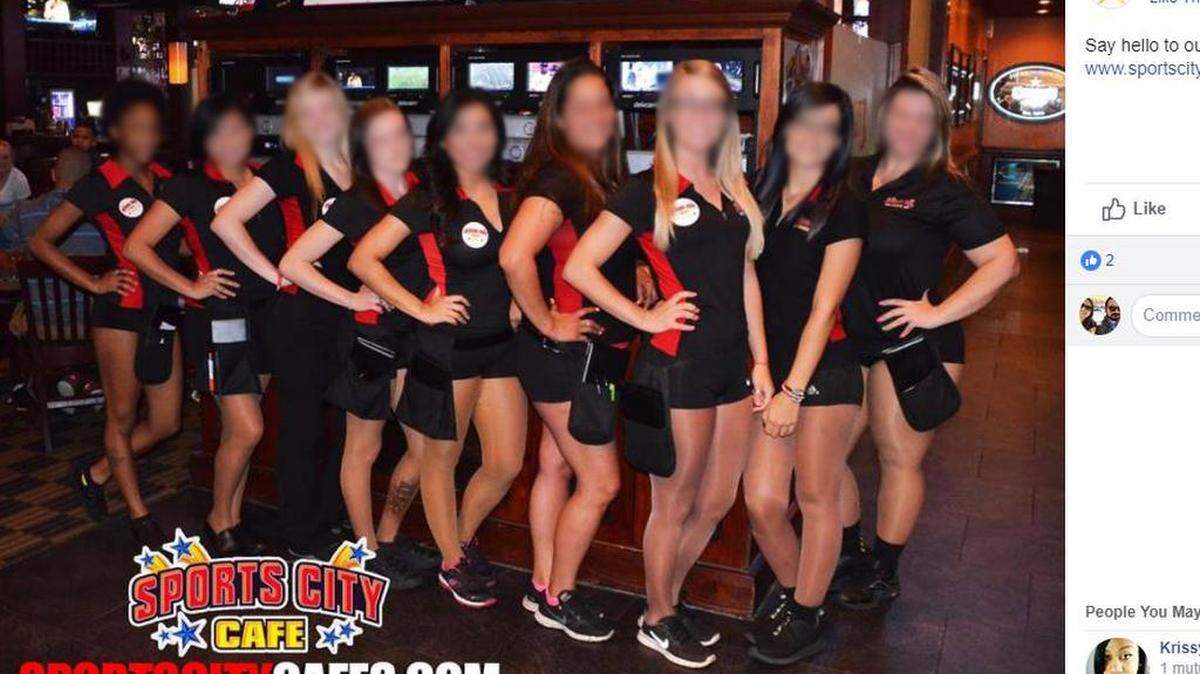 This is the normal required uniform for Nick's Sports Grill waitresses and bartenders, in 2016. Faces have been blurred because none of these waitresses were involved in the lawsuit at hand.