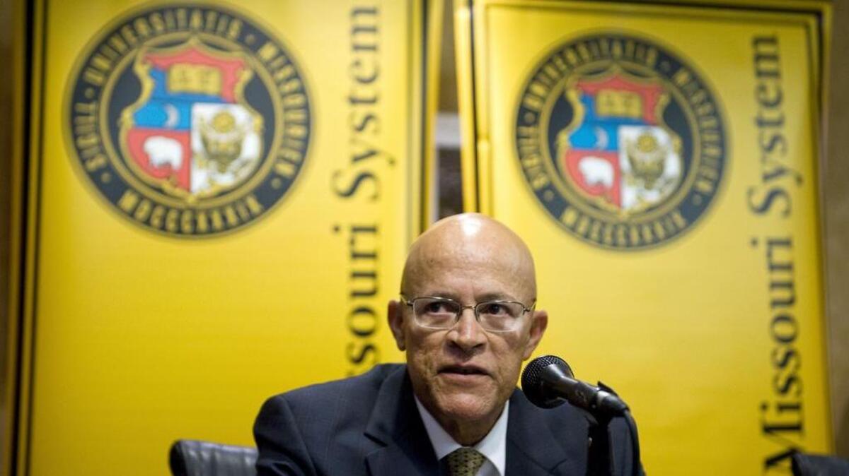 Michael Middleton speaks at a press conference after the University of Missouri Board of Curators named him interim president of the university system, Nov. 12, 2015 at University Hall in Columbia, Mo. Middleton takes over for Tim Wolfe, who abruptly resigned on Monday amid student-led protests over his administration's handling of racial complaints.