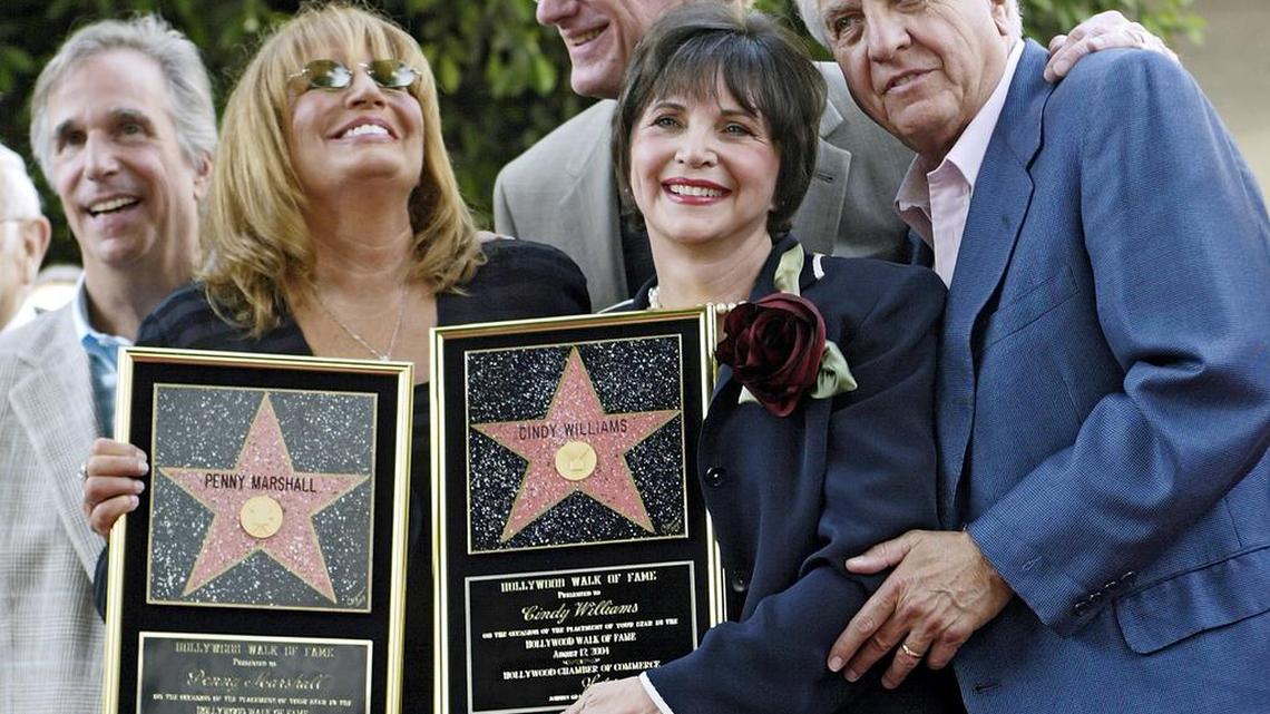 From left, Henry Winkler, Penny Marshall, Ed Begley, Cindy Williams and Garry Marshall pose after Penny Marshall and Cindy Williams received their stars on the Hollywood Walk of Fame in 2004.
