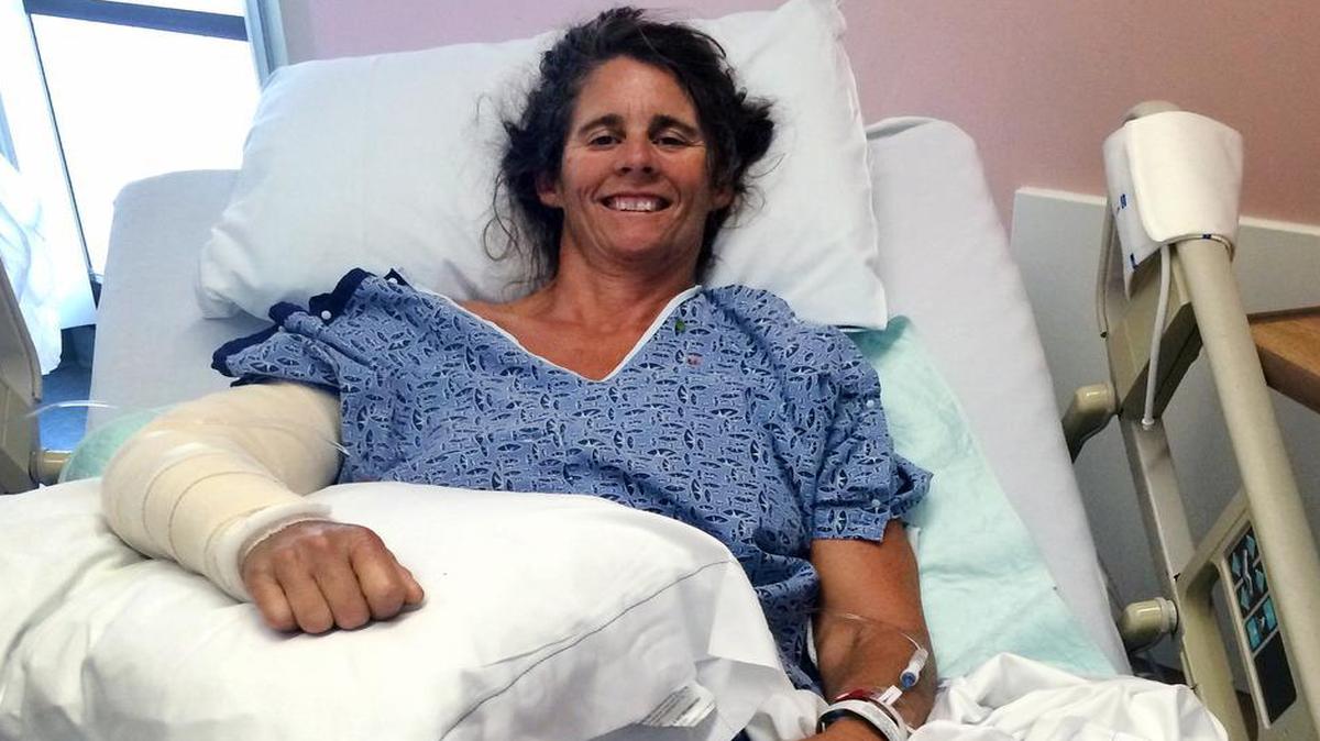 Maria Korcsmaros recovering in her hospital bed at Orange County Global Medical Center in Santa Ana, Calif. The Orange County mother and triathlete is recovering from a severe shark bite she received last weekend while swimming off Corona del Mar beach.