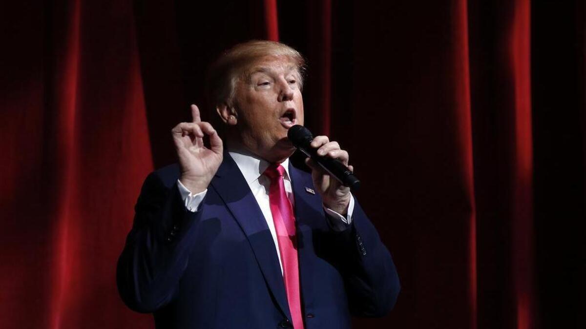 Republican presidential candidate Donald Trump speaks during the Outdoor Channel and Sportsman Channel's 16th annual Outdoor Sportsman Awards on Thursday in Las Vegas.