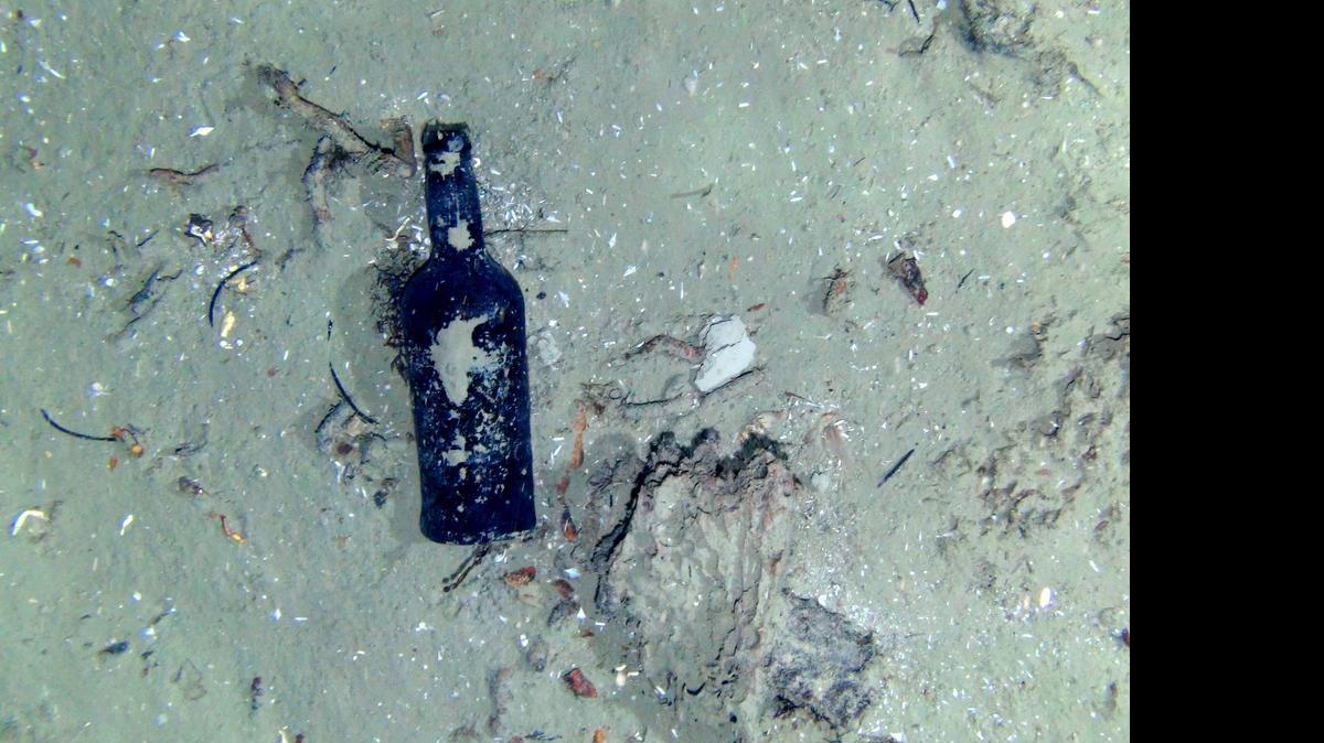 
One of nine glass bottles found at the site of a centuries-old shipwreck off the North Carolina coast.
