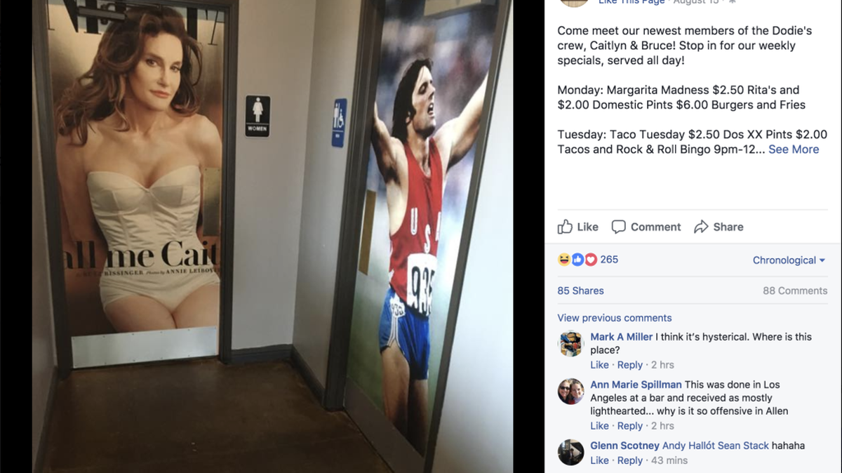 A Texas restaurant’s pre- and post-transition Caitlyn Jenner bathrooms are getting a mixed reaction, with the restaurant saying it’s lighthearted and some saying it’s insensitive.