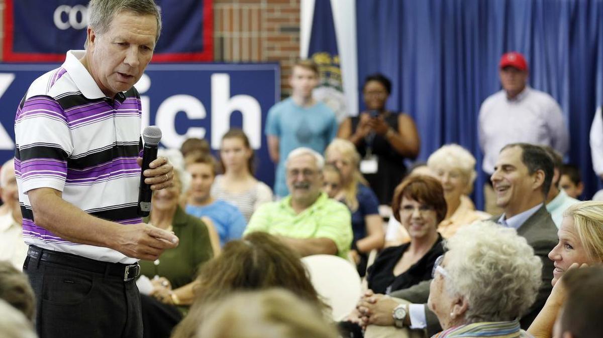 Republican presidential candidate Gov. John Kasich, R-Ohio, speaks to voters during a campaign stop at New England College in Henniker, N.H., in September 2015. Kasich’s new ad, titled “America: Never Give Up,” is the beginning of a statewide advertising blitz that the his campaign has budgeted to extend until the New Hampshire primary on Feb. 9.