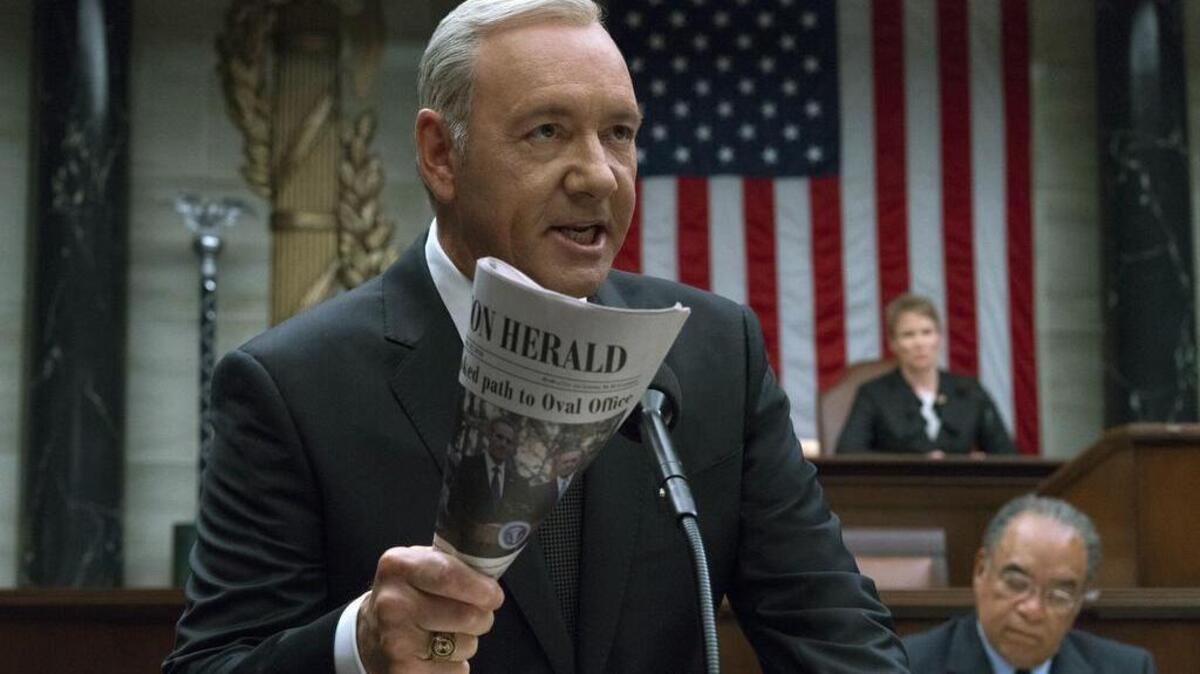 This image released by Netflix shows Kevin Spacey in a scene from “House Of Cards.” Writing TV shows based on real life in Washington has always been a challenge. But since Donald Trump became president, writers of such series as “Madam Secretary,” “House of Cards” and “Veep” say their job is tougher than ever. The twists and turns of the Trump administration keep the writers on their toes as they attempt to create their own make-believe plot twists that won’t seem dull by comparison.