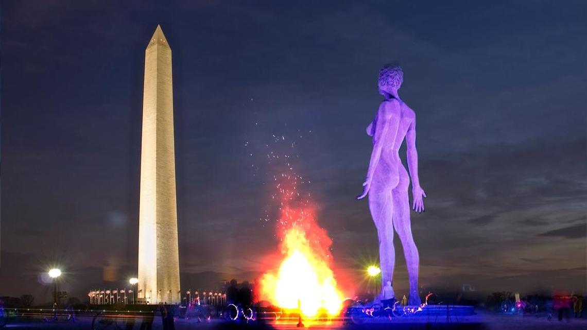 A group called Catharsis on the Mall plans to bring a 45-foot-tall sculpture of a nude woman, designed by Marco Cochrane, to Washington D.C. from November 2017 to March 2018. The sculpture, called "R-Evolution," is meant to symbolize the de-objectification of women.