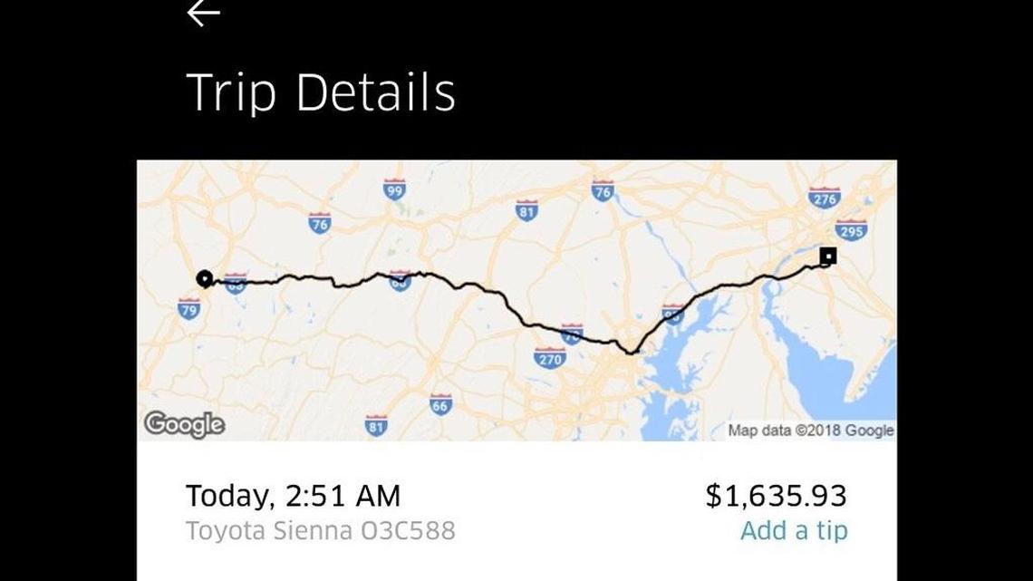 A New Jersey man says he blacked out in an Uber in West Virginia and ended up in a different state.