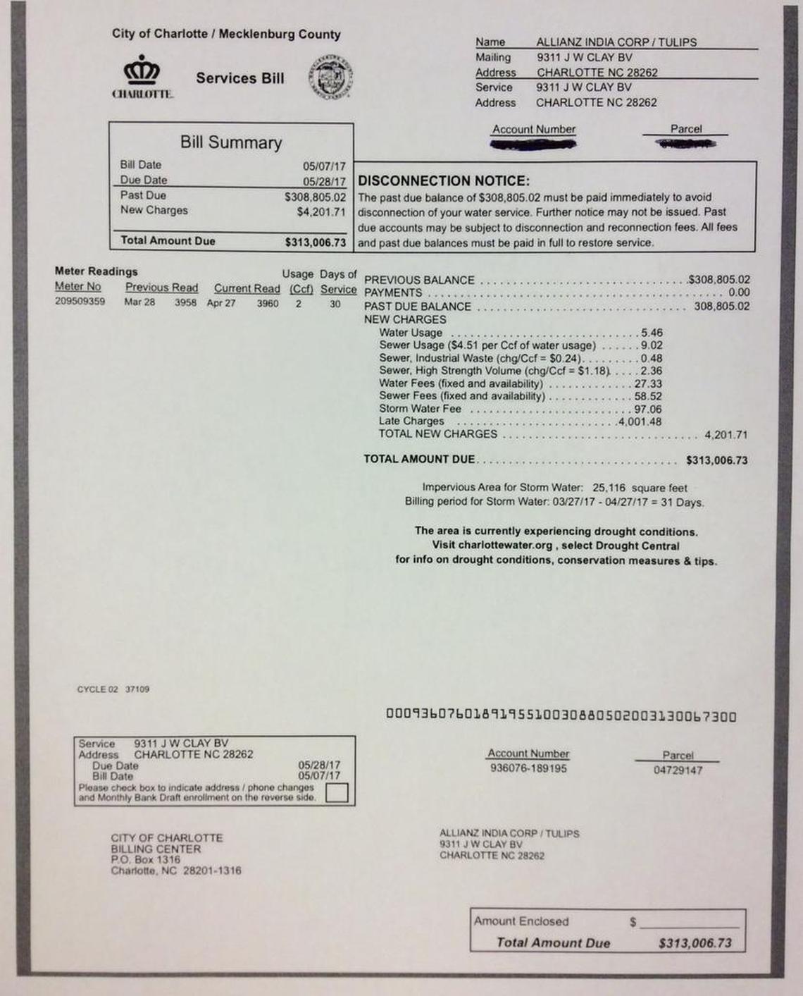 The latest bill for the Sayds’ restaurant still shows them owing more than $300,000. Charlotte Water said Thursday the issue was resolved.