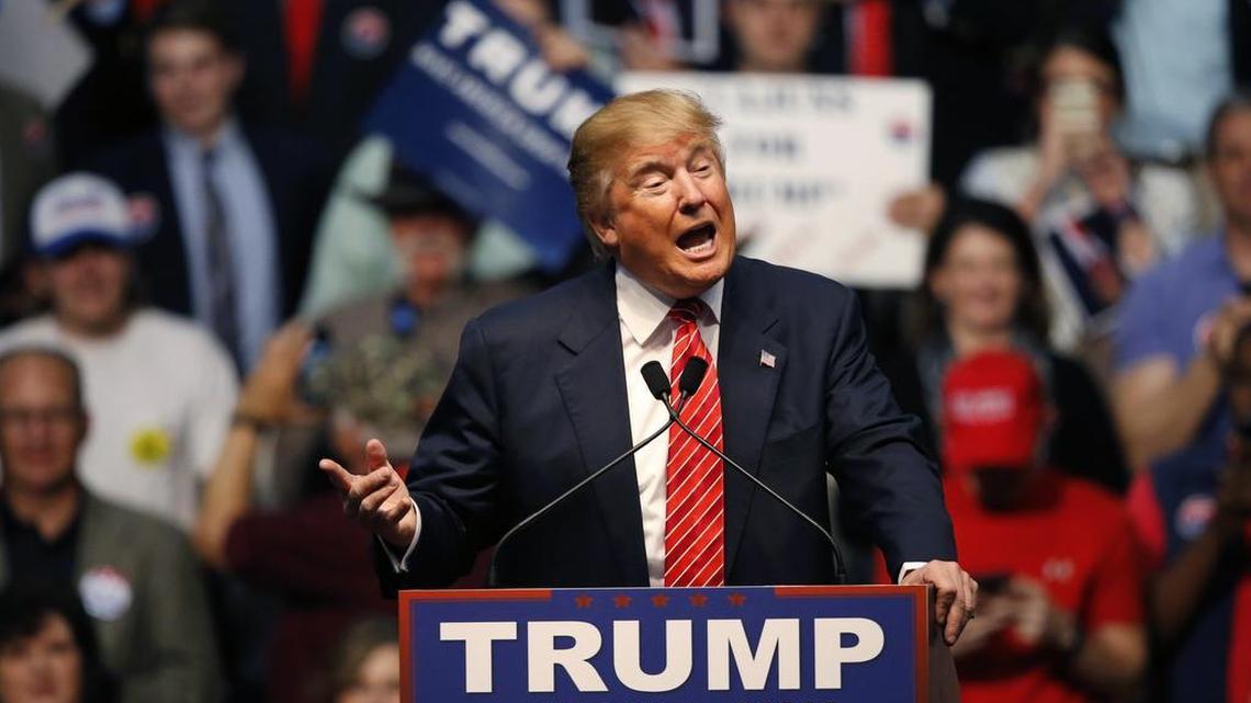 In this photo taken Feb. 11, 2016, Republican presidential candidate Donald Trump speaks at a campaign rally in Baton Rouge, La.