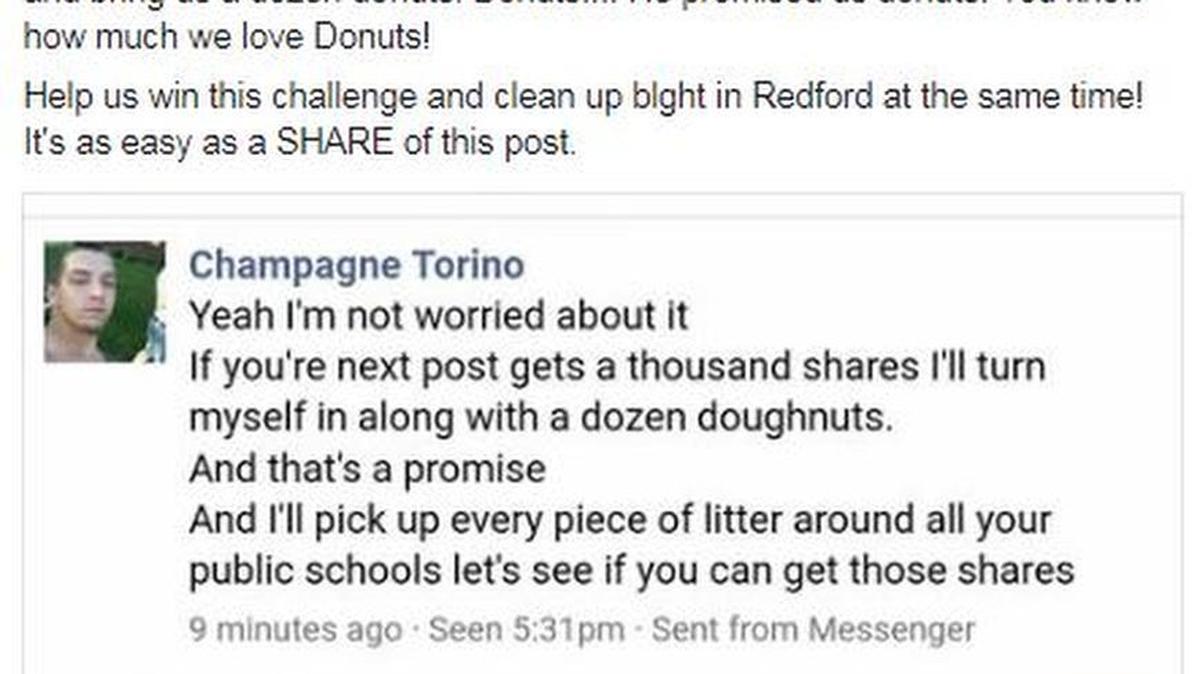 A man wanted for several warrants messaged the Redford Police Department and offered to surrender if their next post got 1000 shares on Facebook.