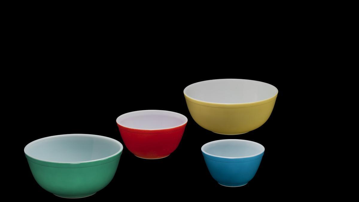 
In undated this photo provided by the Corning Museum of Glass in Corning, N.Y., a set of multicolored Pyrex mixing bowls that were introduced in the 1940s are shown. 
