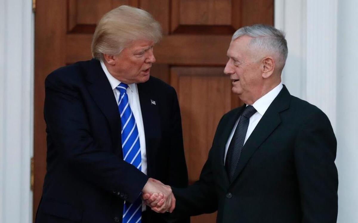 President-elect Donald Trump shakes hands with retired Marine Corps Gen. James Mattis, his pick to be defense secretary.