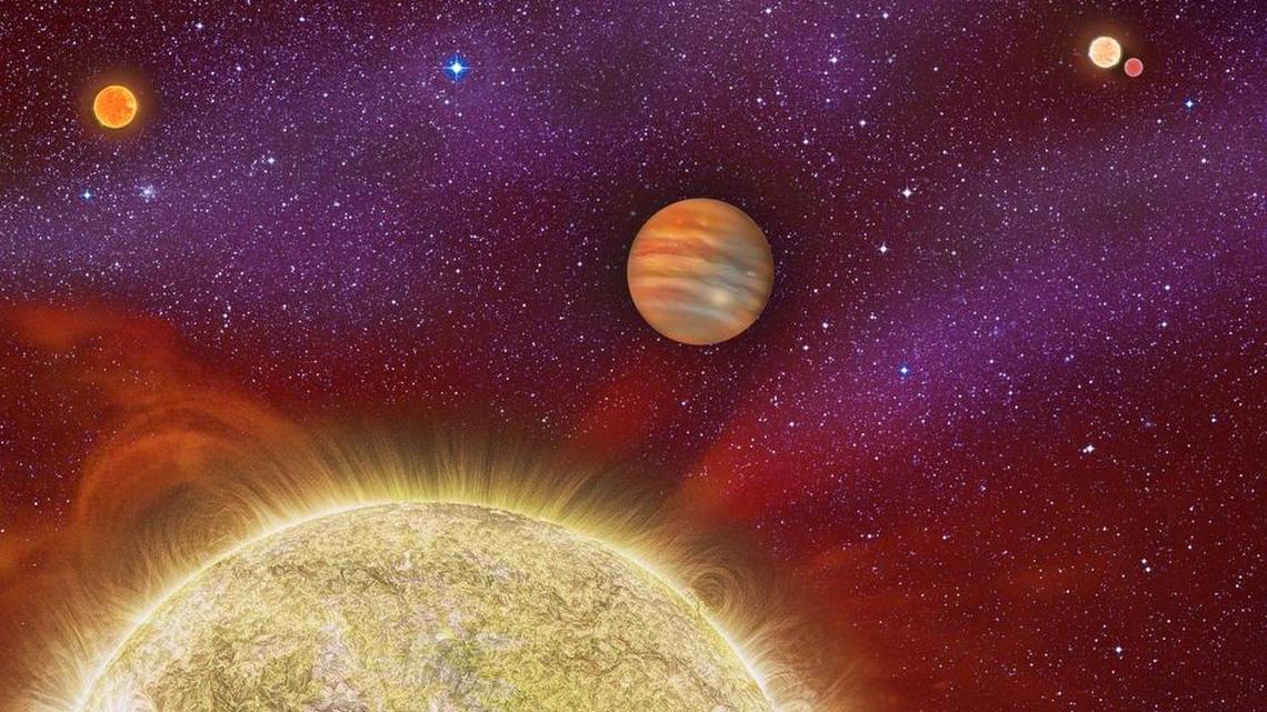 This artist conception shows the 30 Ari system, which includes four stars and a planet.