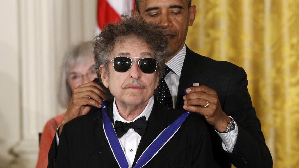 Bob Dylan, who won the Nobel Prize in Literature Thursday, is pictured receiving a Medal of Freedom from President Barack Obama in 2012.