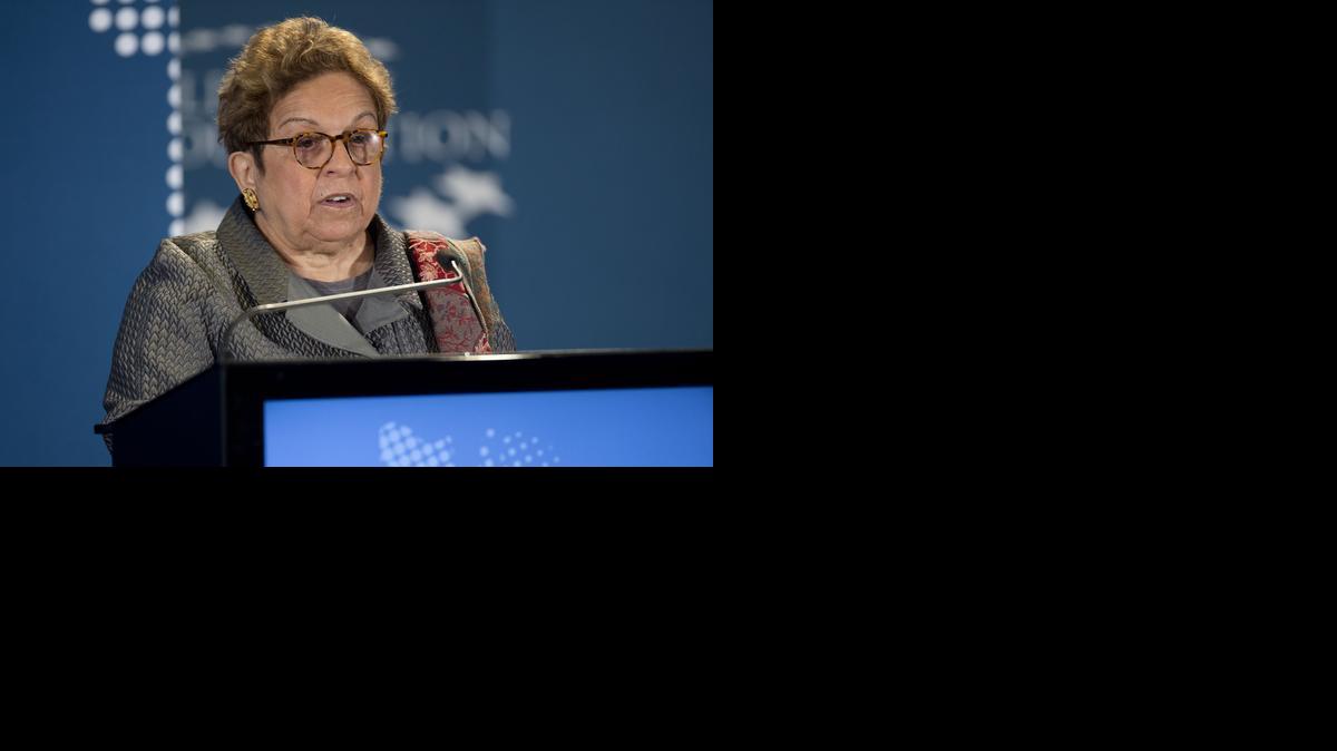 
Then University of Miami President Donna Shalala makes introductions before former President Bill Clinton brings leaders from across the hemisphere together for a discussion on the future of the Americas, in Coral Gables, Fla., on Dec. 11, 2014. 
