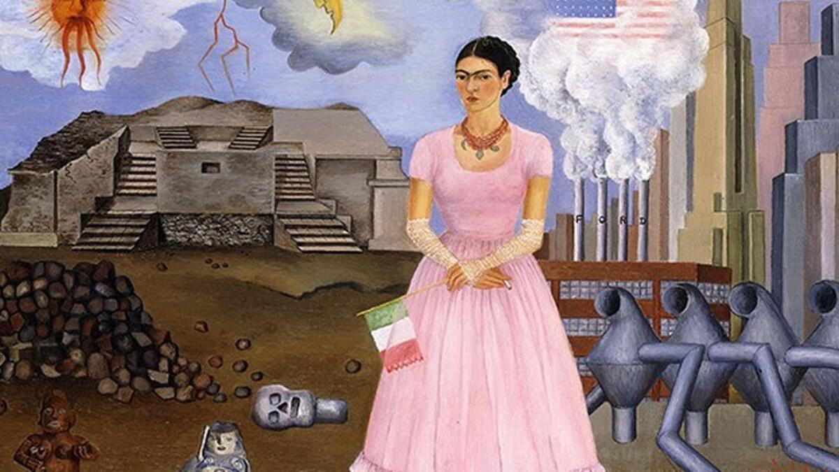 Self-Portrait on the Border Line Between Mexico and the United States, 1932, by Frida Kahlo (Colección Maria y Manuel Reyero, New York) © Banco de México Diego Rivera Frida Kahlo Museums Trust, Mexico, D.F./Artists Rights Society (ARS), New York