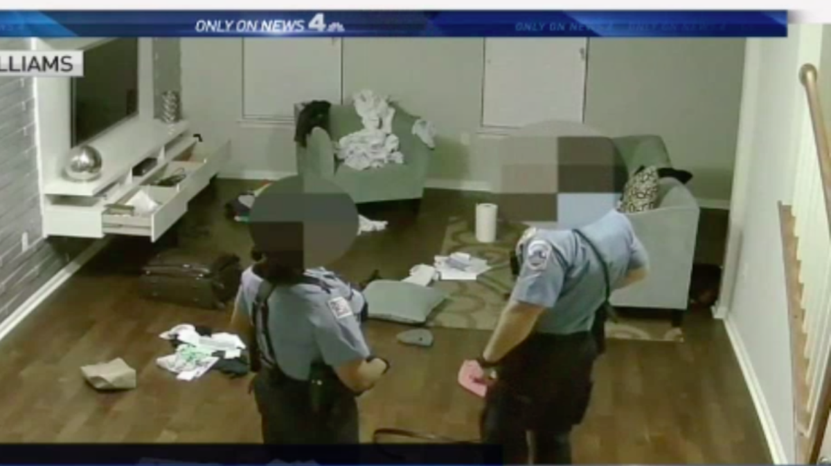Security video footage shows two unidentified police officers making fun of a homeowner’s sexuality soon after his home was broken into.