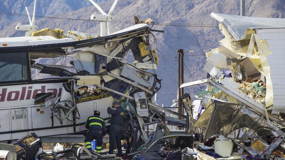 Multiple people were killed when a tour bus crashed into the back of a big rig on Interstate 10 westbound on Sunday, Oct. 23, 2016 in Desert Hot Springs, Calif.