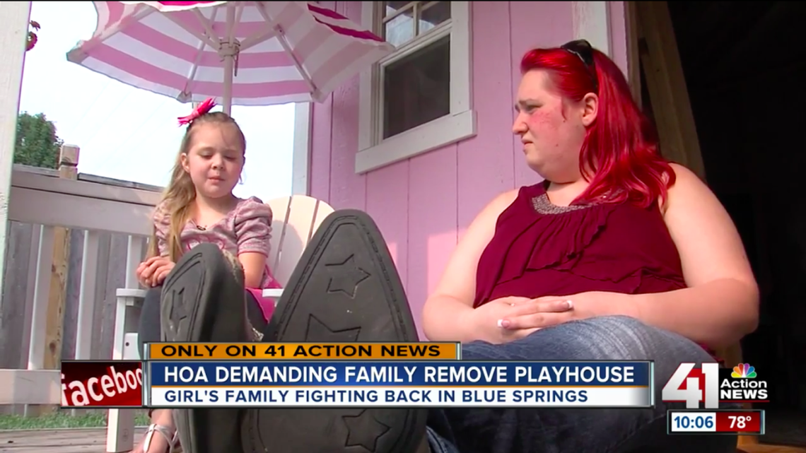 The Home Owners Association says that this pink playhouse violates its “no shed” policy.