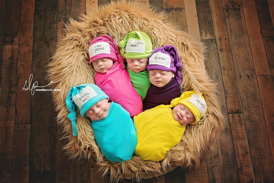 Gavin, Zoey, Asher, Dakota and Hollyn Driskell slept through their photo shoot. Photographer Ashley Childress said getting that many babies to sleep at once was the result of a toasty warm studio, a noise machine and “a whole lot of luck.”