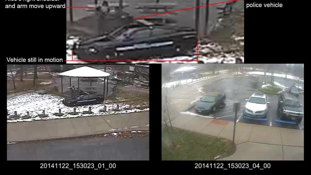 This combination of still images taken from a surveillance video and released on Saturday, Nov. 28, 2015, by the Cuyahoga County Prosecutor’s Office, shows Cleveland police officers arriving at Cudell Park on a report of a man with a gun. Twelve-year-old Tamir Rice was fatally shot by Cleveland police officer Timothy Loehmann on Nov. 22, 2014, after he reportedly pulled a replica gun at the city park. The enhancement by a California video expert does not clarify whether he pullwill be presented to a grand jury that will decide if then-rookie patrolman Loehmann or his training officer should be charged criminally for Loehmann killing Rice.