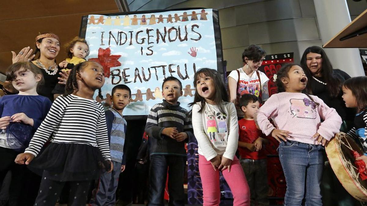 Preschool children from the Daybreak Star Center perform at a celebration of Indigenous Peoples’ Day Monday, Oct. 10, 2016, at Seattle's City Hall. Seattle began observing Indigenous Peoples’ Day in 2014 to promote the well-being and growth of Seattle’s American Indian and Indigenous community.