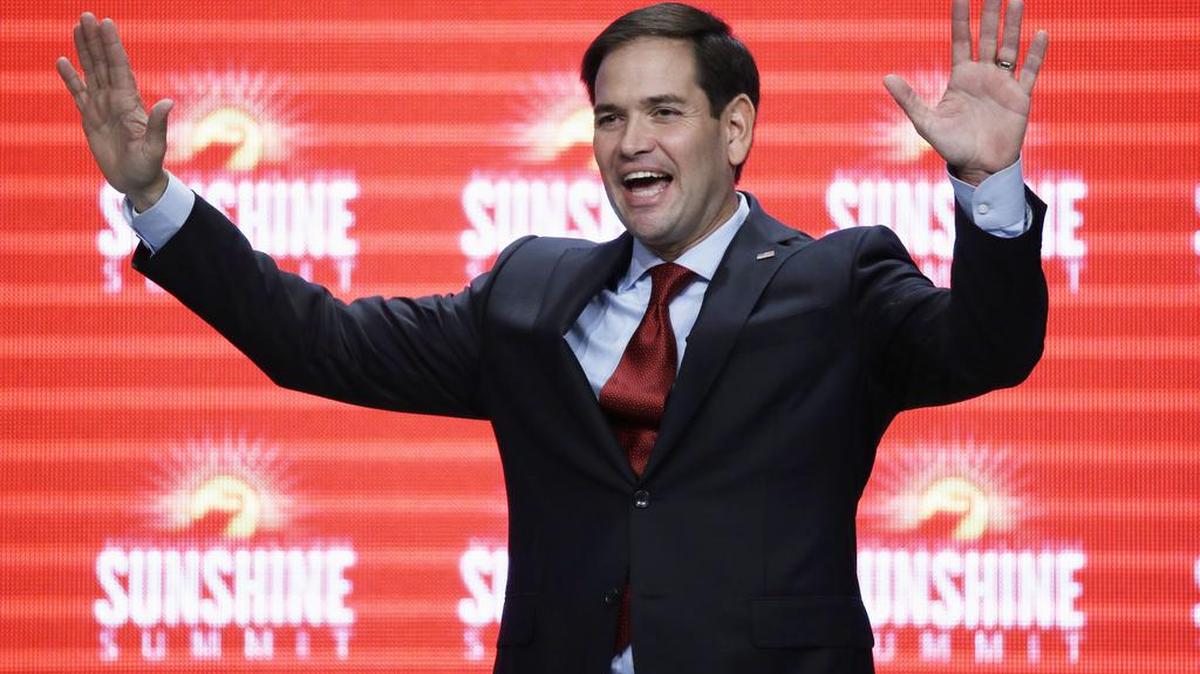Sen. Marco Rubio, R- Fla., waves to the audience at the conclusion of his remarks at the Sunshine Summit in Orlando, Fla., Friday Nov. 13, 2015.